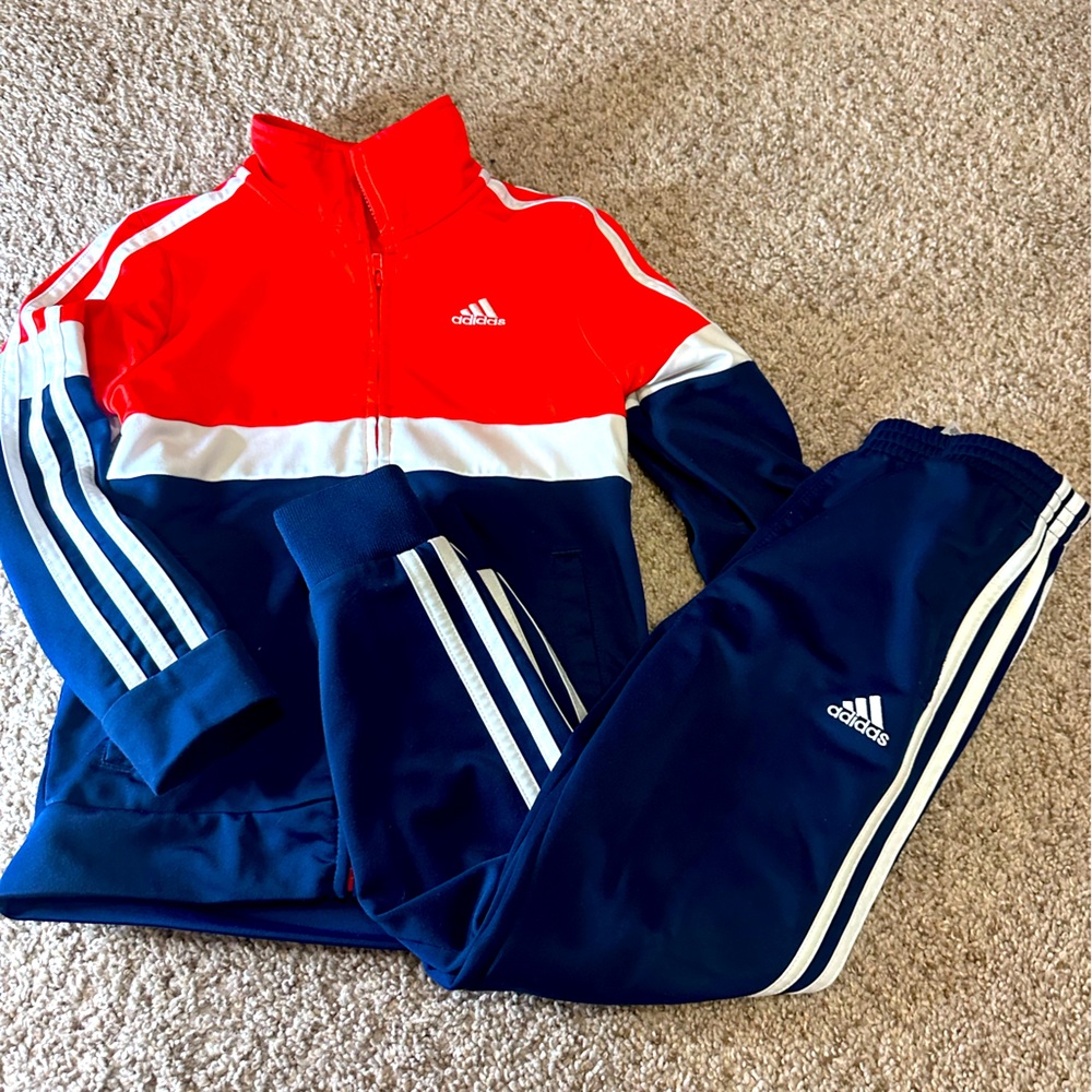 Adidas Track Suit | size 6 | fleece lined | navy blue and red/orange | joggers